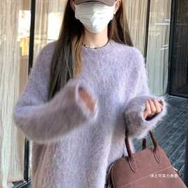 韩版水貂绒圆领套头中长款毛衣女冬季软糯加厚外穿水貂毛针织衫