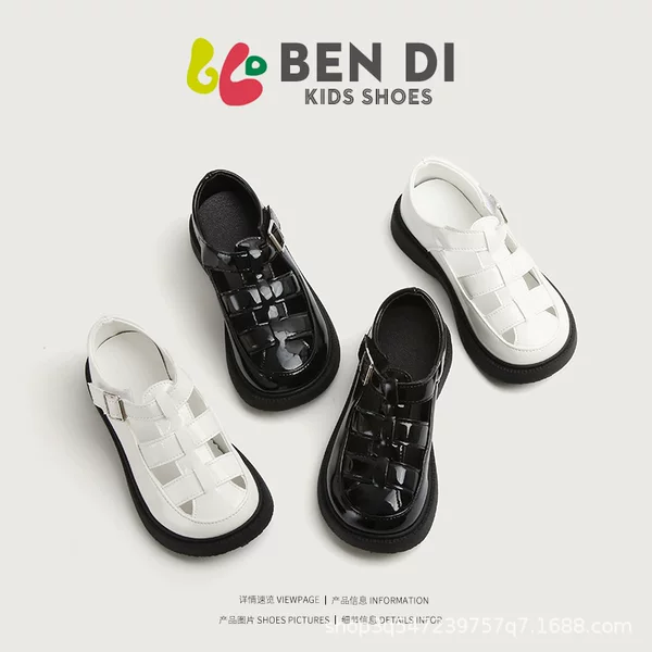 2025 Spring/Summer New Style Girls' Leather Sandals British Style Hollow Out Soft Sole Breathable Roman Shoes
