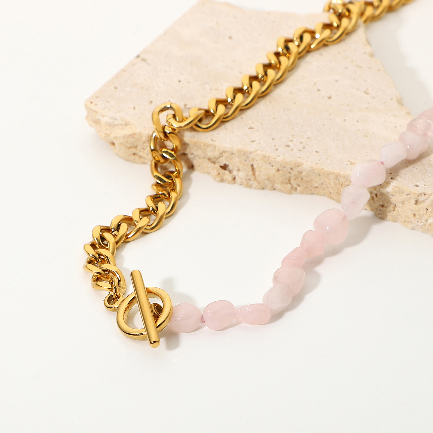 Wholesale Jewelry Pink Natural Stone Beaded Splicing Chain Stainless Steel Necklace_colorza_4