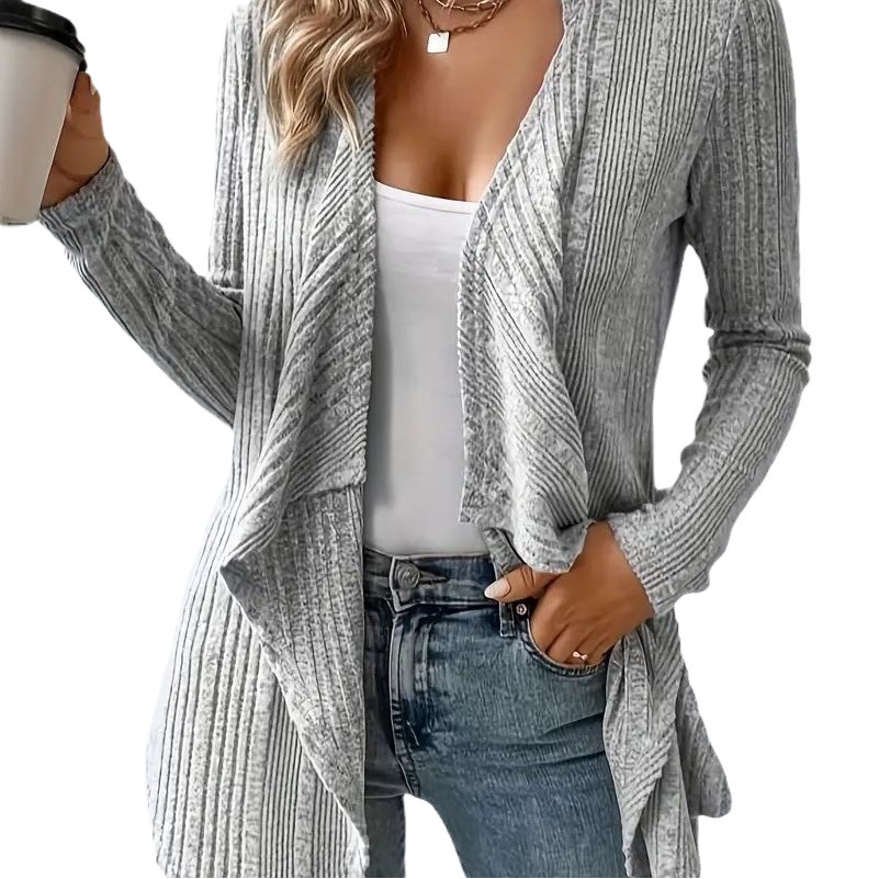 Suéter Cárdigan de Punto Acanalado de Color Sólido, Estilo Europeo y Americano, Popular en TEMU para Otoño e Invierno 2024, Abertura Frontal, Manga Larga, Ropa Casual para Mujer