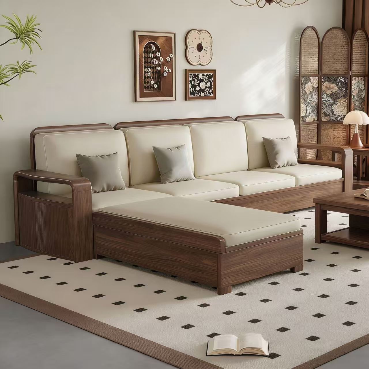 North American Black Walnut Solid Wood Sofa, Dual-Use for Winter and Summer, New Chinese Style, Modern and Simple, Suitable for Large and Small Living Rooms, Storage Furniture