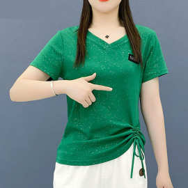 短袖女2023新款潮洋气质百搭遮肚v领t恤上衣女夏设计感小众体恤衫