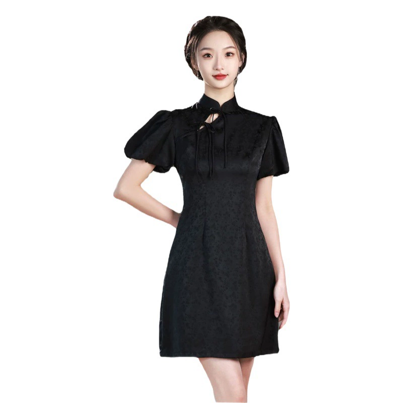 Маленький Cheongsam 2023 Новое улучшенное летнее черное платье для молодых девочек Короткий Cheongsam