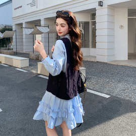 蓝色针织马甲衬衫连衣裙套装女2026春小个子甜美减龄a字裙两件套