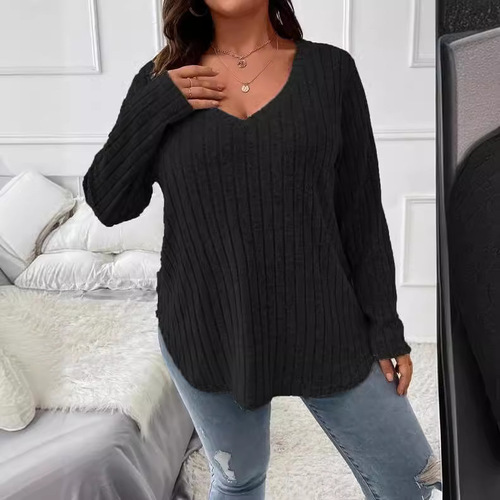 2025 Amazon Autumn/Winter Solid Color Plus Size Women's Top V-Neck Long Sleeve Plaid Fleece T-Shirt Loose Hooded