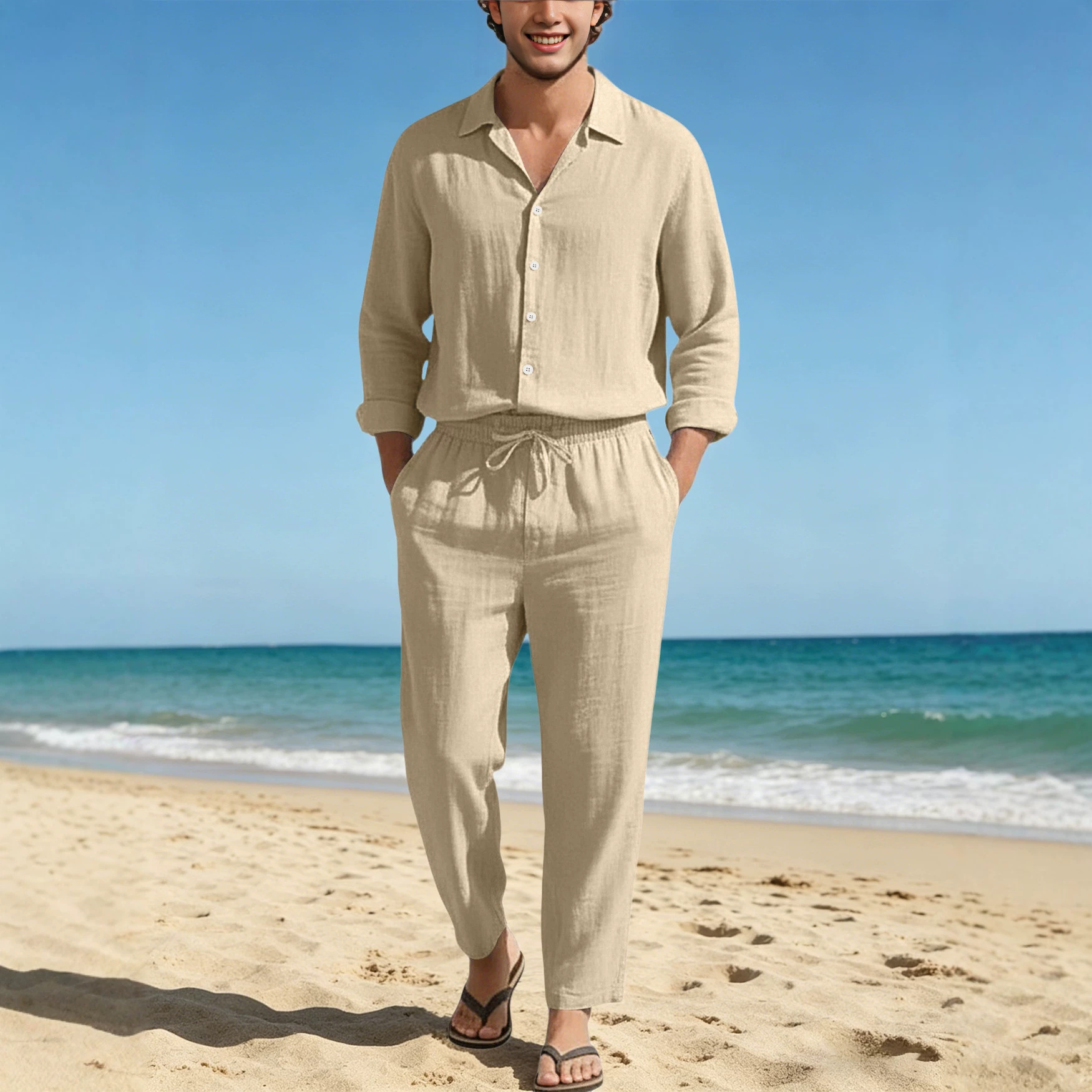 Estación independiente transfronteriza Europa y América cuatro estaciones lino transpirable ocio playa suelta protección solar camisa de mangas largas pantalones largos set hombre