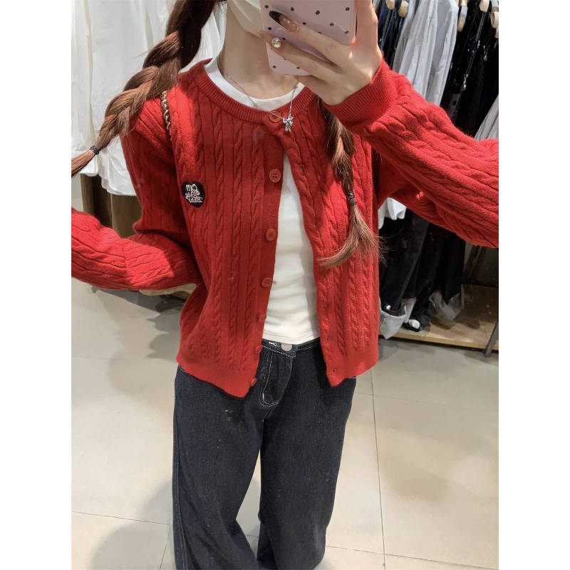 藏青色显白圆领麻花刺绣针织衫女2025春秋季小个子设计感毛衣外套|undefined