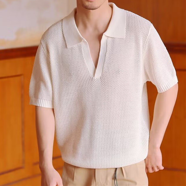 Cross-Border French V Neck Cut Out Polo Shirt Men's Summer Ins Casual Versatile Work Clothing Lazy Breathable Short-Sleeved Knitwear