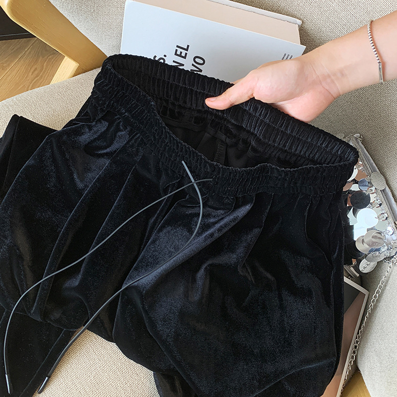黑色金丝绒阔腿裤女春秋季2025新款高腰垂坠感休闲显瘦拖地直筒裤|undefined