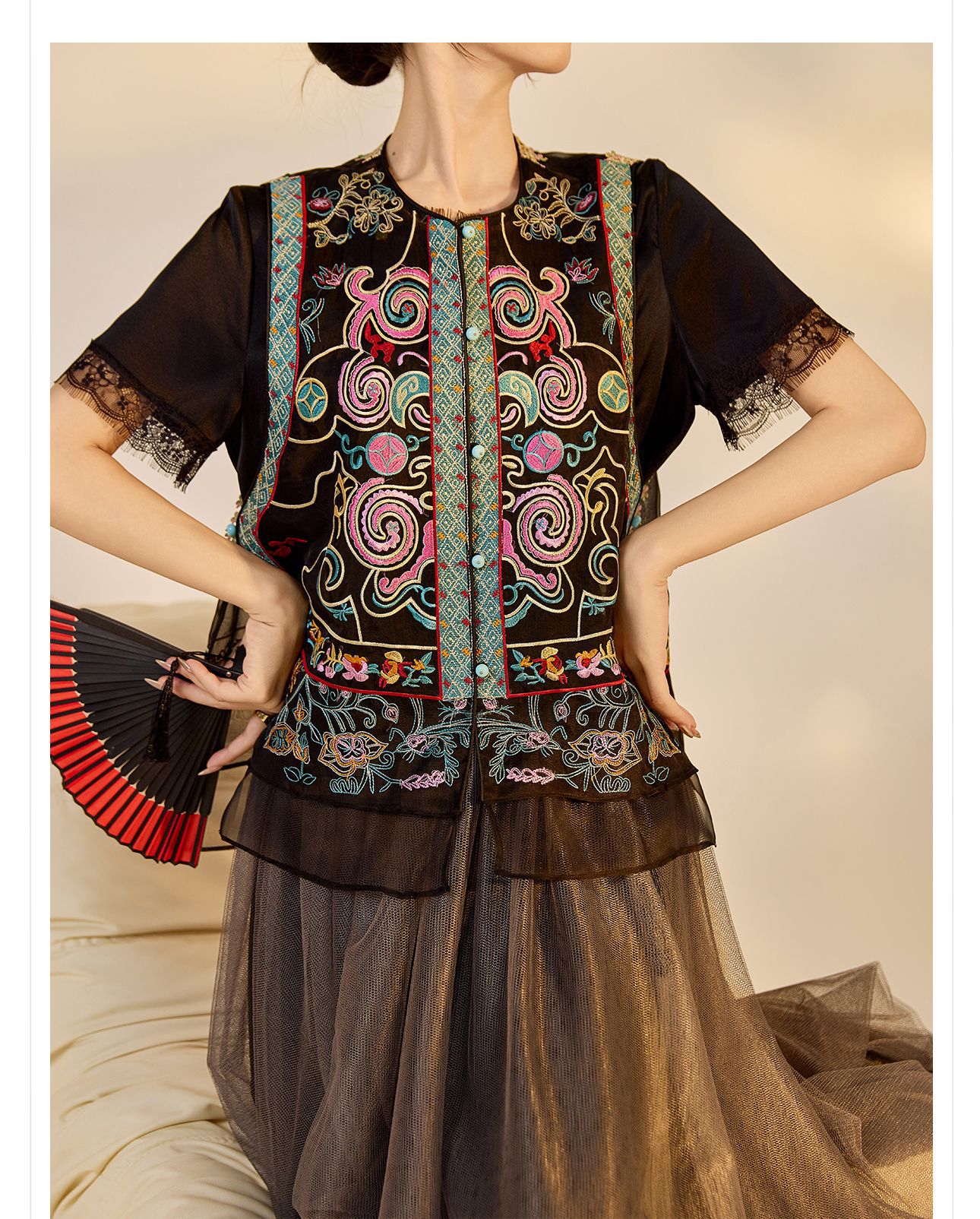 Áo vest cổ đứng phong cách retro Trung Hoa, thiết kế thêu, chất liệu tơ dâu tằm, mẫu ZX N4045 — Màu đen, Hồng mơ chi tiết 24