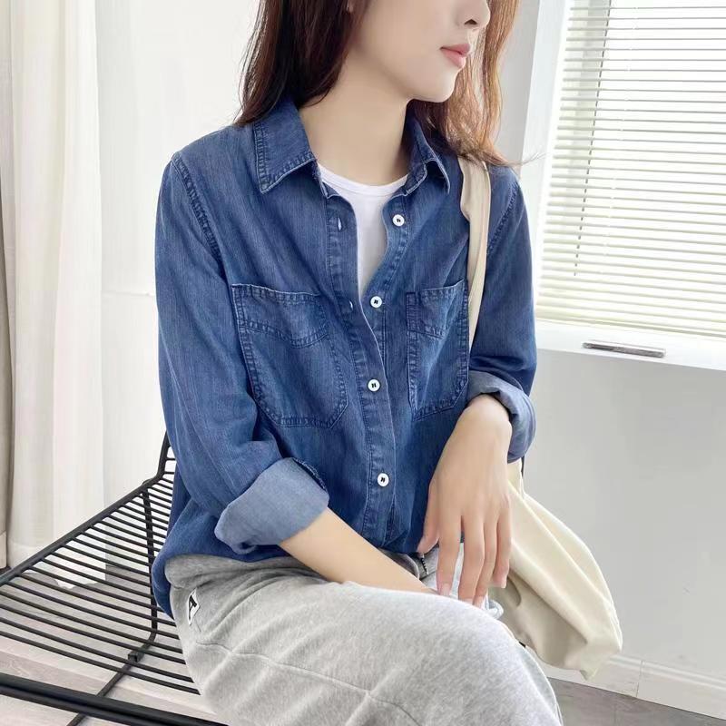 Design vertical cool Tencel Denim shirt long sleeve short sleeve versatile casual loose summer Korean style women's clothing