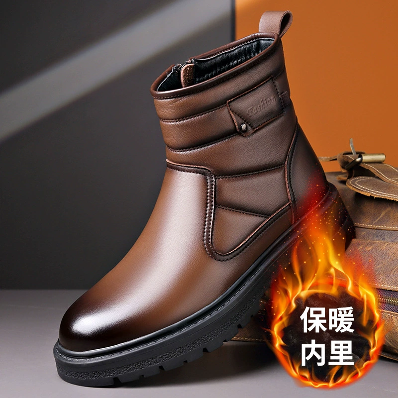 Зимние новые снежные сапоги кожаные короткие сапоги толстые подошвы увеличены нескользящие северо-восточные хлопковые туфли плюс бархат теплые сапоги Мартин мужчина
