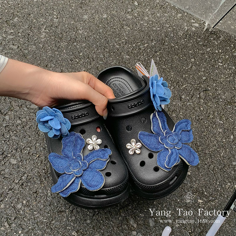 Vaquero Tiancai Vaquero flor hebilla de zapatos con agujeros accesorios de zapatos vaquero azul flor hebilla de zapatos diy desmontable flor