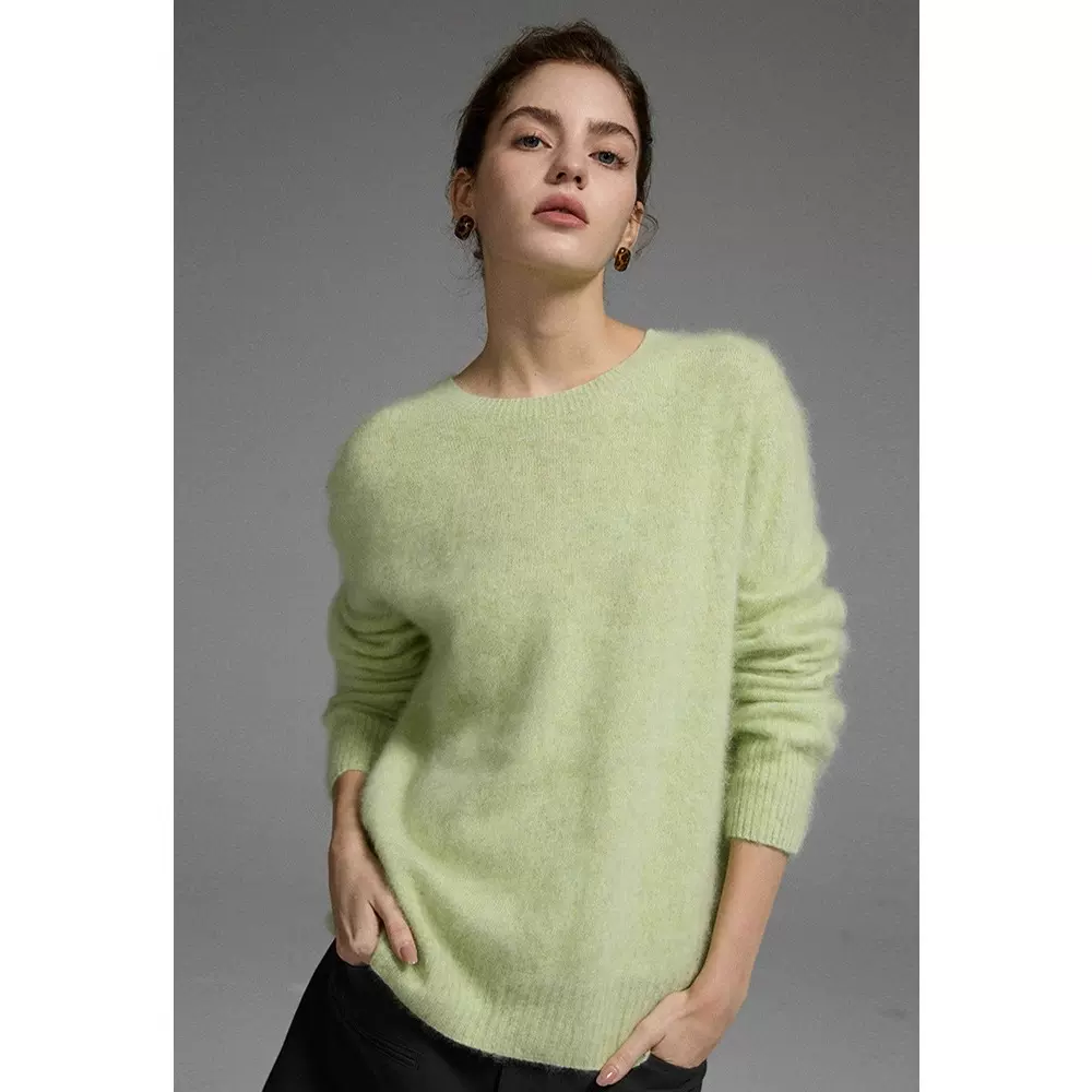 四媛 羊绒拉毛圆领针织上衣女宽松慵懒松弛感毛衣25冬季新款9398