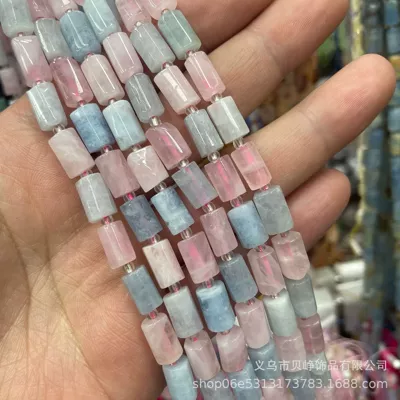 natural stone cut round tube, Zərgərlik ara hissələri - 9aquamarine-rose-quartz-8x11mm-pillar-beads-approx-15-beads-per-strand-short-style