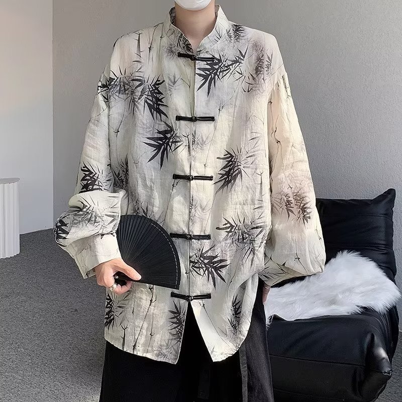 2026 New Chinese Style Artistic Long Sleeve Sun Protection Ink Print Buttoned Shirt for Men, Vintage Shirt