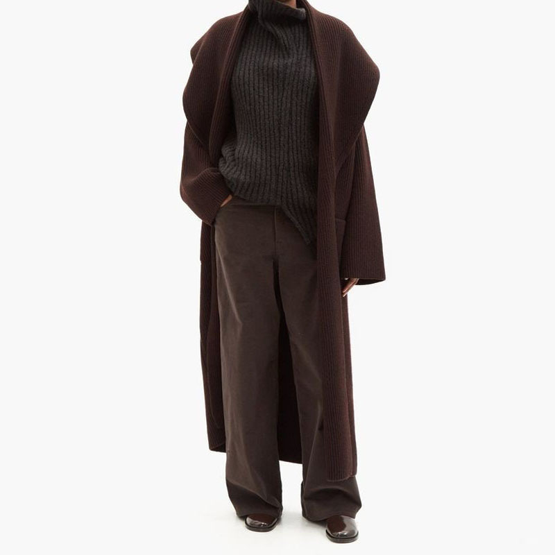 Th~ Row 2025春秋新款极简罗纹羊毛针织开衫针织披肩长款大衣女