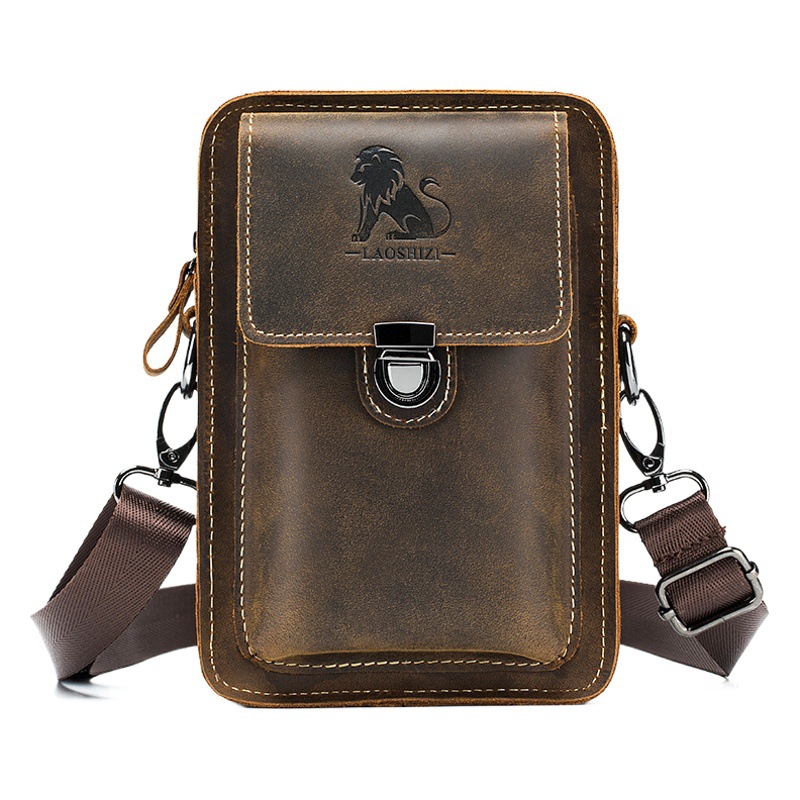 Crazy Horse Leather Men's Genuine Leather Casual Belt Mobile Phone Waist Bag First Layer Cowhide Multifunctional Shoulder Crossbody Mobile Phone Bag