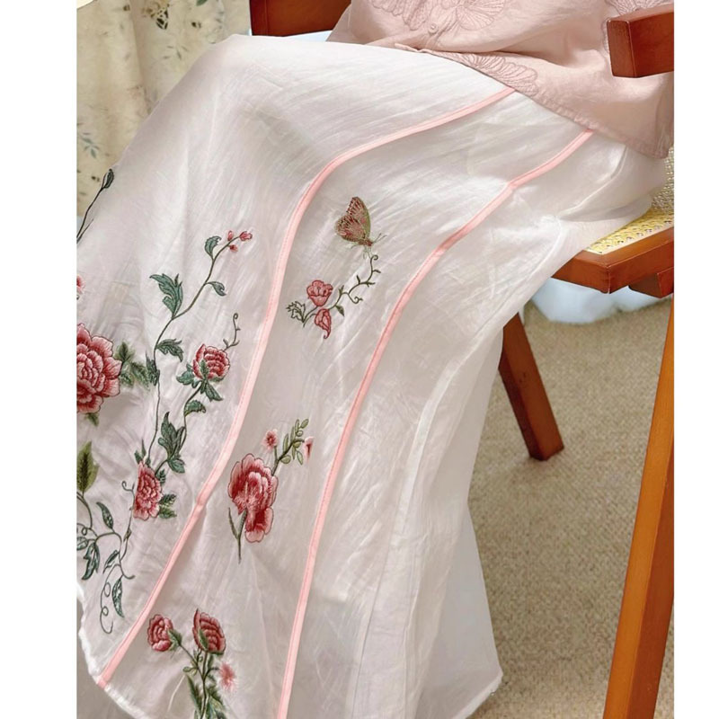 夏季国风中式新款民族风重工刺绣松紧腰双层半身裙过膝百搭中长裙