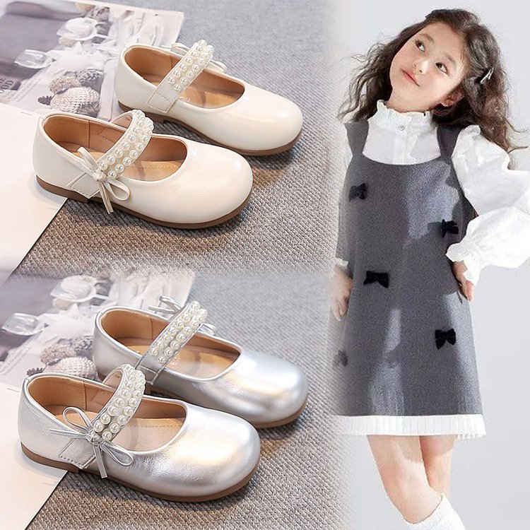 Girls' Silver Single Shoes 2026 New Spring and Autumn Children's Mary Jane Leather Shoes Girls' Pearl Bow Princess Shoes