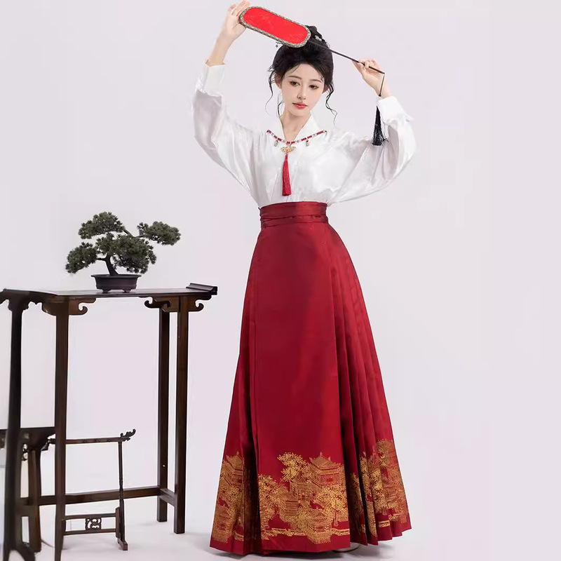 2024 New Chinese Style Handover Collar Aircraft Sleeve Shirt Woven Gold Horse Face Skirt suit New Chinese Style Hanfu