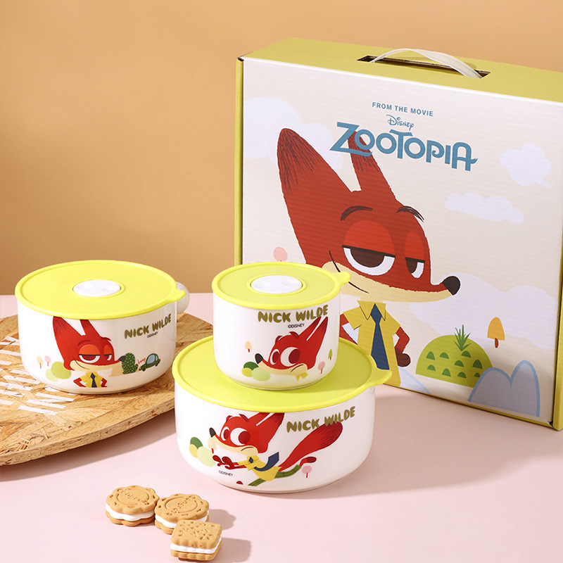 Zoo Mad City tazón de cerámica con caja de almuerzo, caja de almuerzo calentada por microondas, caja de almuerzo especial redonda con cubierta