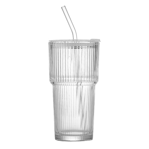 High-end Glass Beverage Cup Cold Drink Juice Cup with Lid Straw Cup Thickened Transparent Milk Tea Cola Cup In Stock