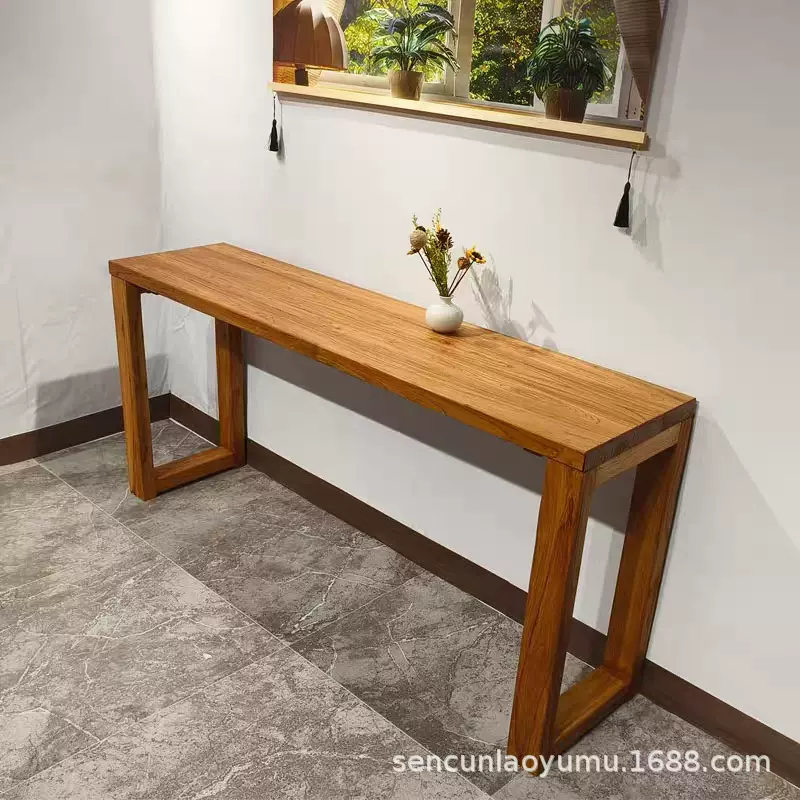 老榆木实木吧台靠墙玄关桌简约飘窗琴桌原木长条案禅意窄桌工作台