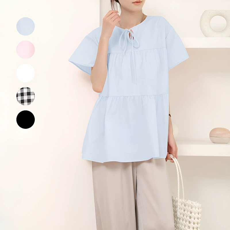 Японская женская летняя рубашка Rakuten в наличии с рюшами в стиле пэчворк, двусторонняя свободная однотонная рубашка с круглым вырезом и короткими рукавами