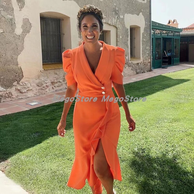 Low-Price Clearance, Light Luxury Style, Ruffled Plus-Size Niche V-Neck Orange Dress, Plus-Size Foreign Trade Women's Dress