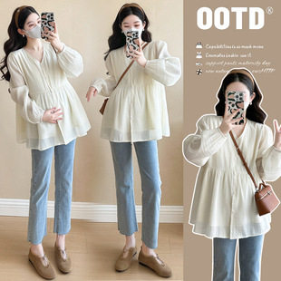 2025 spring and summer new craft fabric Korean fashion loose pregnant women's top long shirt chiffon shirt