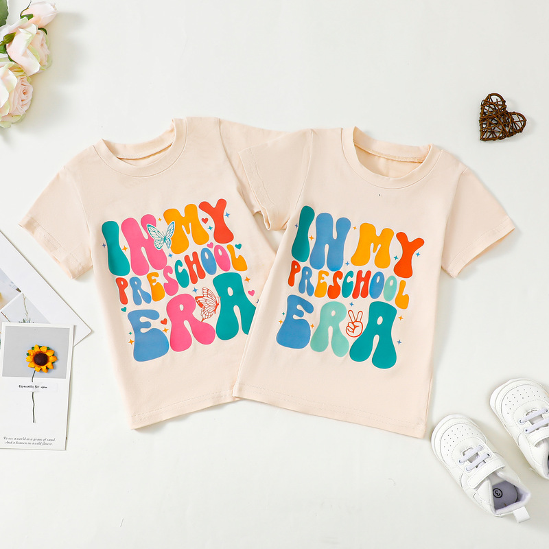 Cartoon Letters for Boys and Girls Back to School Day Printed T-Shirt Round Neck Creative Versatile Short-Sleeved Versatile Clothes Children's Clothing Wholesale