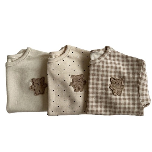 spring and autumn baby bottoming shirt cotton T-shirt long-sleeved polka dot plaid bear round neck baby top