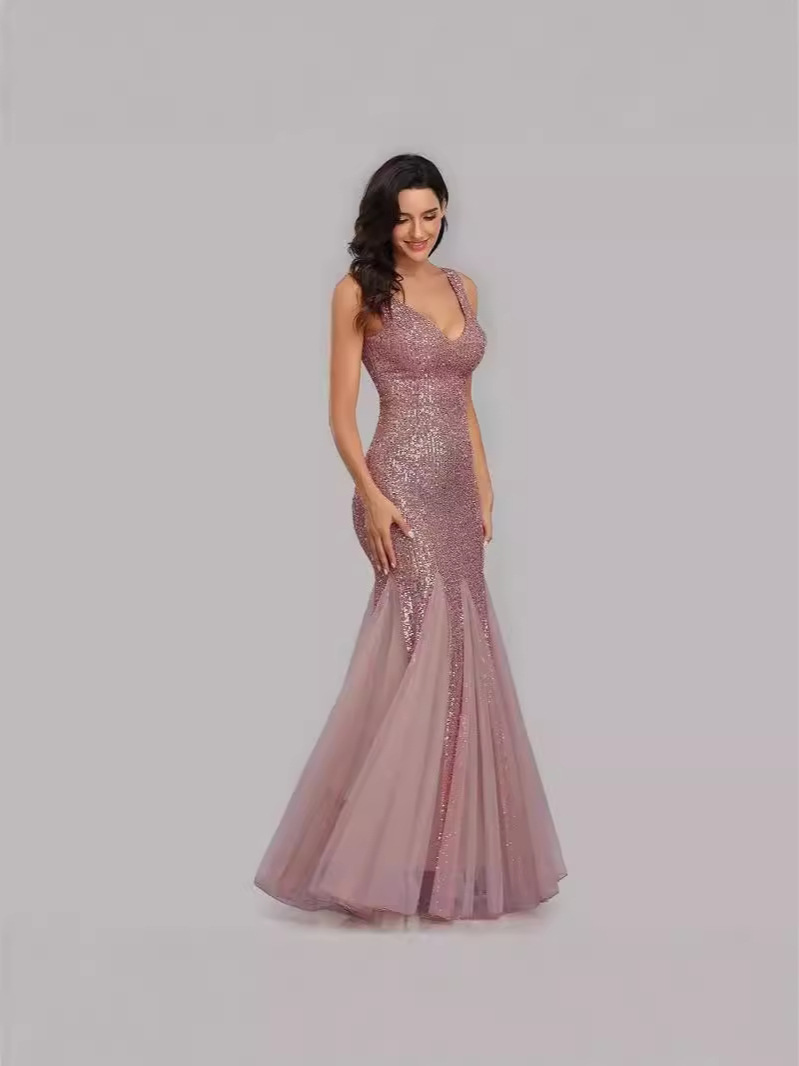 Vestido de noche con lentejuelas estilo europeo y americano, vestido de sirena rojo ajustado para novias (4 colores)