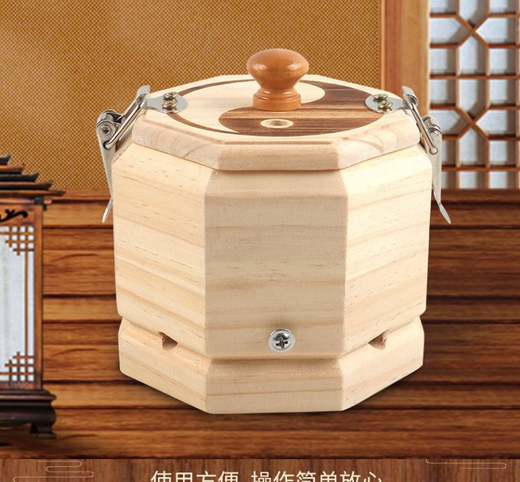 Solid Wood Bagua Moxa Jar Hanging Moxibustion Box with Strap for Abdomen Back Waist Warm Heat Therapy overview