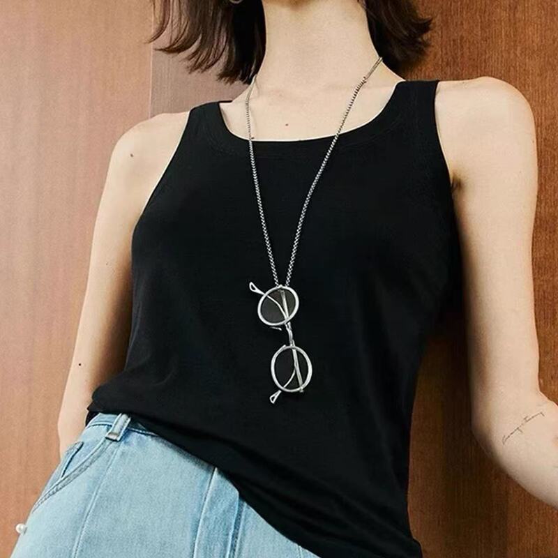 ファッショナブルなレトロな古いメガネペンダントネックレス女性のための古代ゴールドとシルバーのメガネスタイルのストラップロングネックレスハイエンドアクセサリー|undefined