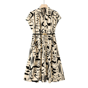 French Retro Accessible Luxury Sleeveless V Neck Printed Dress for Women Spring & Fall Lace-Up Waist Slimming Look Mid-Length Shirt Dress