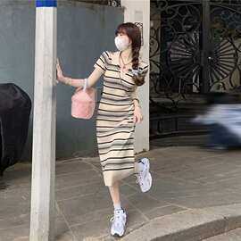 小香风女装夏领冰丝针织连衣裙条纹恤裙修身显瘦感过膝长裙