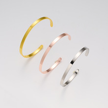 欧美热销光面钛钢长条开口不锈钢C形手镯可 LOGO刻字手环手镯批发