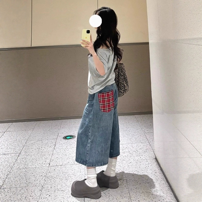 Plus-Size Wide-Leg Shorts Retro Plaid Denim Shorts Women's 2025 New Summer Design Cropped Pants