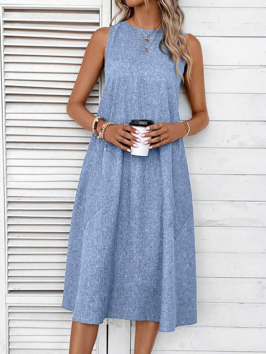 Women's Regular Dress Vintage Style Round Neck Pocket Sleeveless Solid Color Midi Dress Holiday Daily Date display picture 6