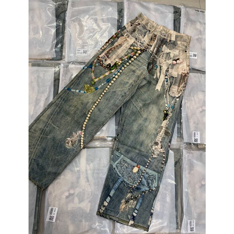 26Ss Nanyou Haute Couture/Boutique Niche 1996 3D Pearl Chain Print Loose Straight-Leg Jeans for Women 26Ss Nanyou Haute Couture/Boutique Niche 1996 3D Pearl Chain Print Loose Straight-Leg Jeans for Women