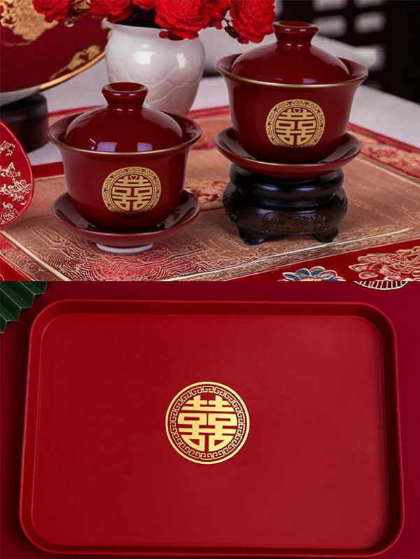 結婚式の陶器のウェディングボウル新郎新婦の贈り物ティーカップ赤いボウルと箸とスプーンセット結婚式のウェディング用品|undefined
