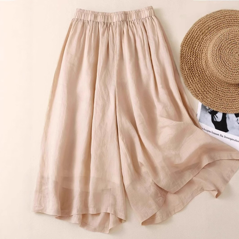 2025 New Double-Layer Cotton and Linen Culottes for Women Summer Thin High-Waisted Draped Elegant Casual Three-Point Linen Wide-Leg Pants