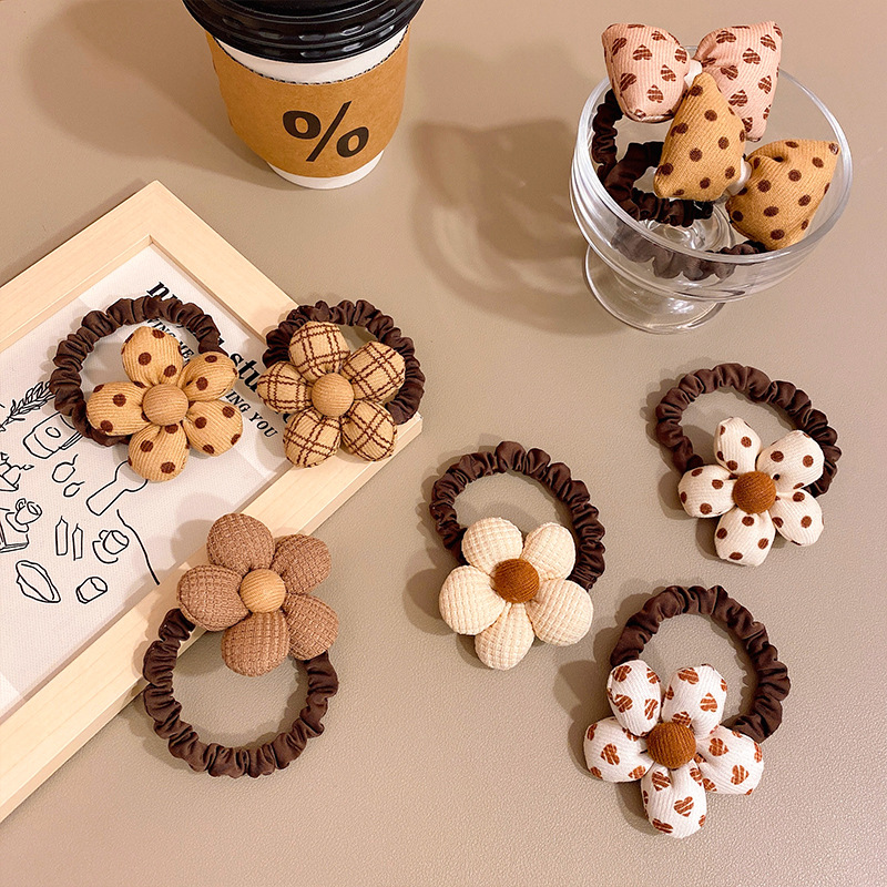 Brown Flor intestino delgado banda de pelo niños Chica corbata cabeza de la bola no duele el pelo banda de goma cuerda del pelo accesorios para el cabello tocado