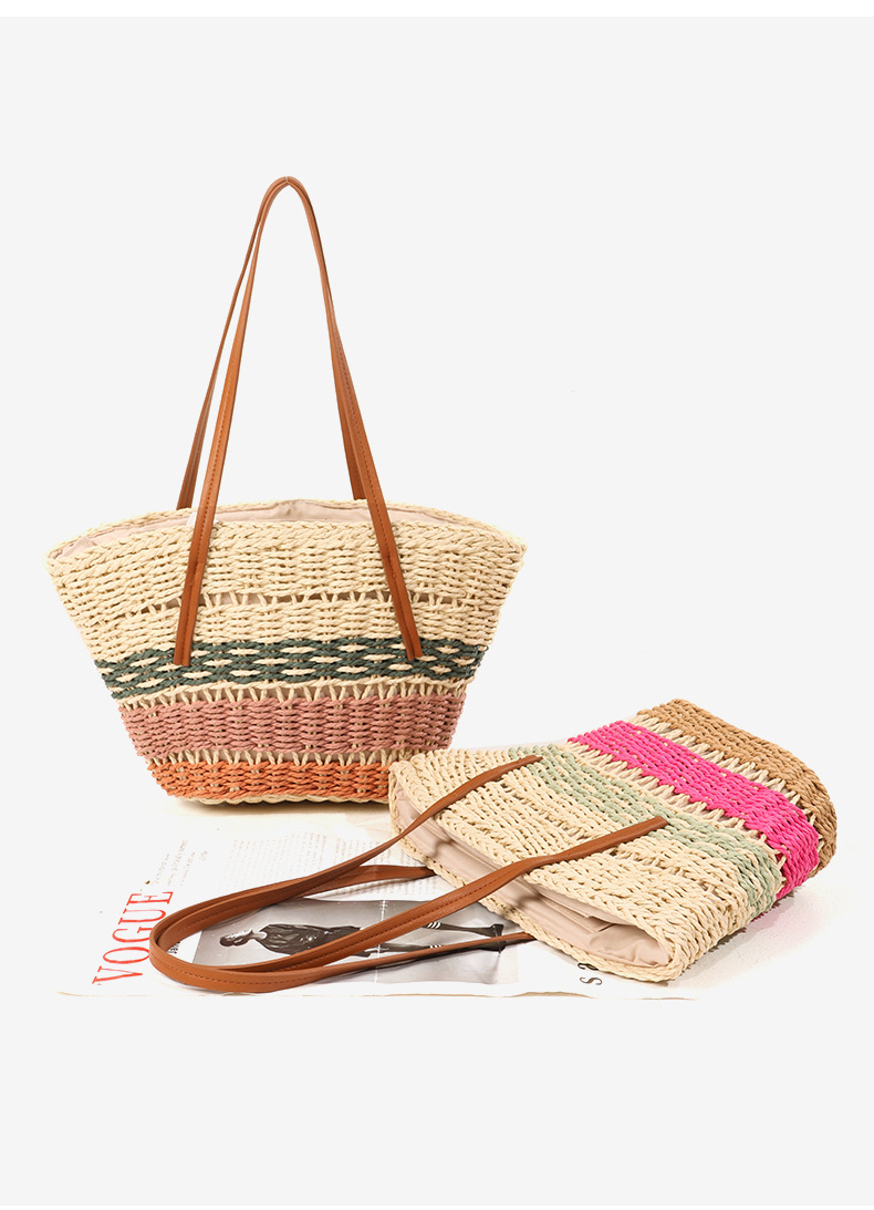 Women's Medium Straw Color Block Vacation Beach Weave Bucket Zipper Straw Bag display picture 1