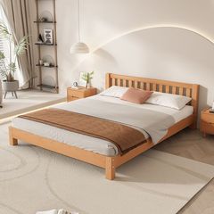 Full Beech Wood Solid Bed Futon in Japanese Style, Simple without Headboard Bed Frame, 1.5m Double Low-Back Bed for Guesthouse