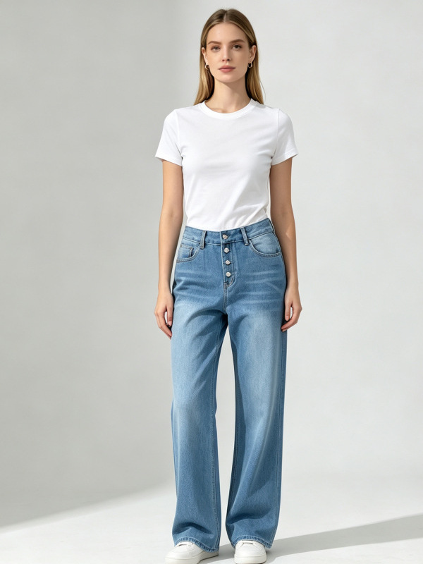 Jeans Rectos para Mujer de Mezclilla de Algodón de Cintura Alta Lavados Sin Elasticidad