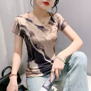 欧货2024夏装新款时尚定位印花短袖T恤打底衫修身上衣女代发