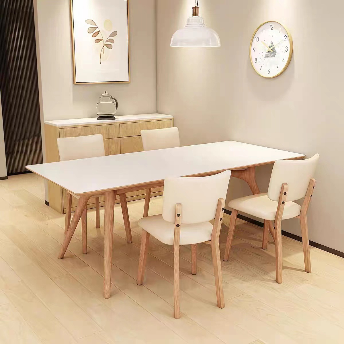 De estilo japonés de madera maciza Placa de roca mesa de comedor hogar pequeño apartamento rectangular mesa de comedor moderna simple de madera maciza pura Mesa blanca y silla combinación